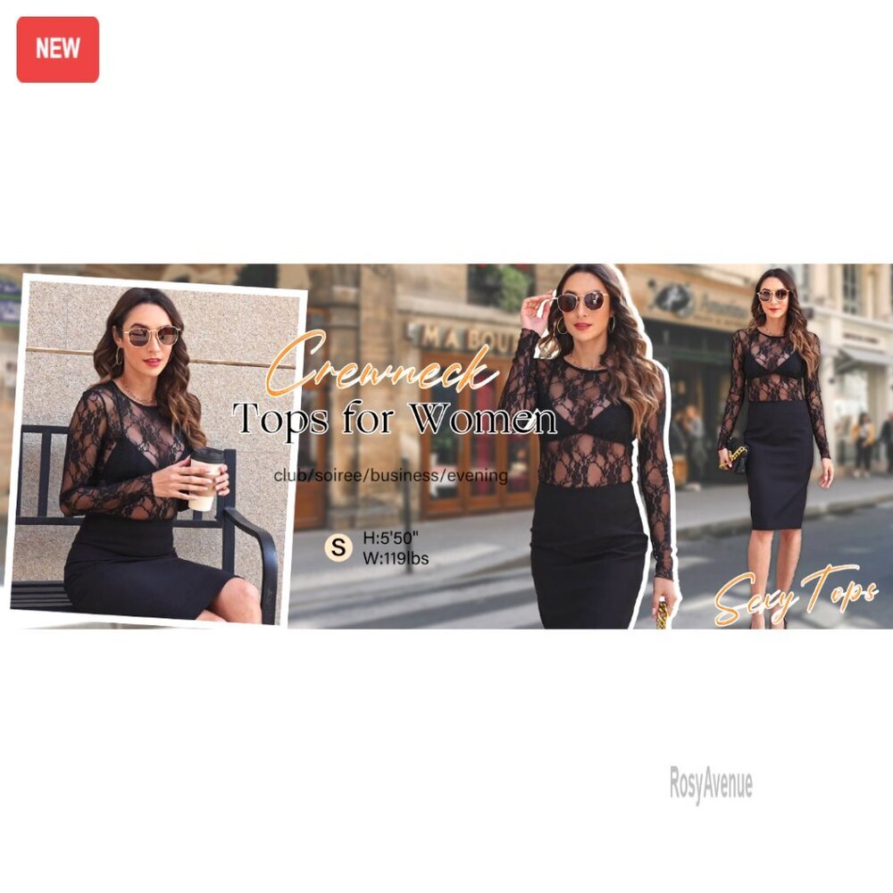 Mesh Lace Long Sleeve Slim Fit Top, Crewneck, See Through Blouse - Picture 5 of 6